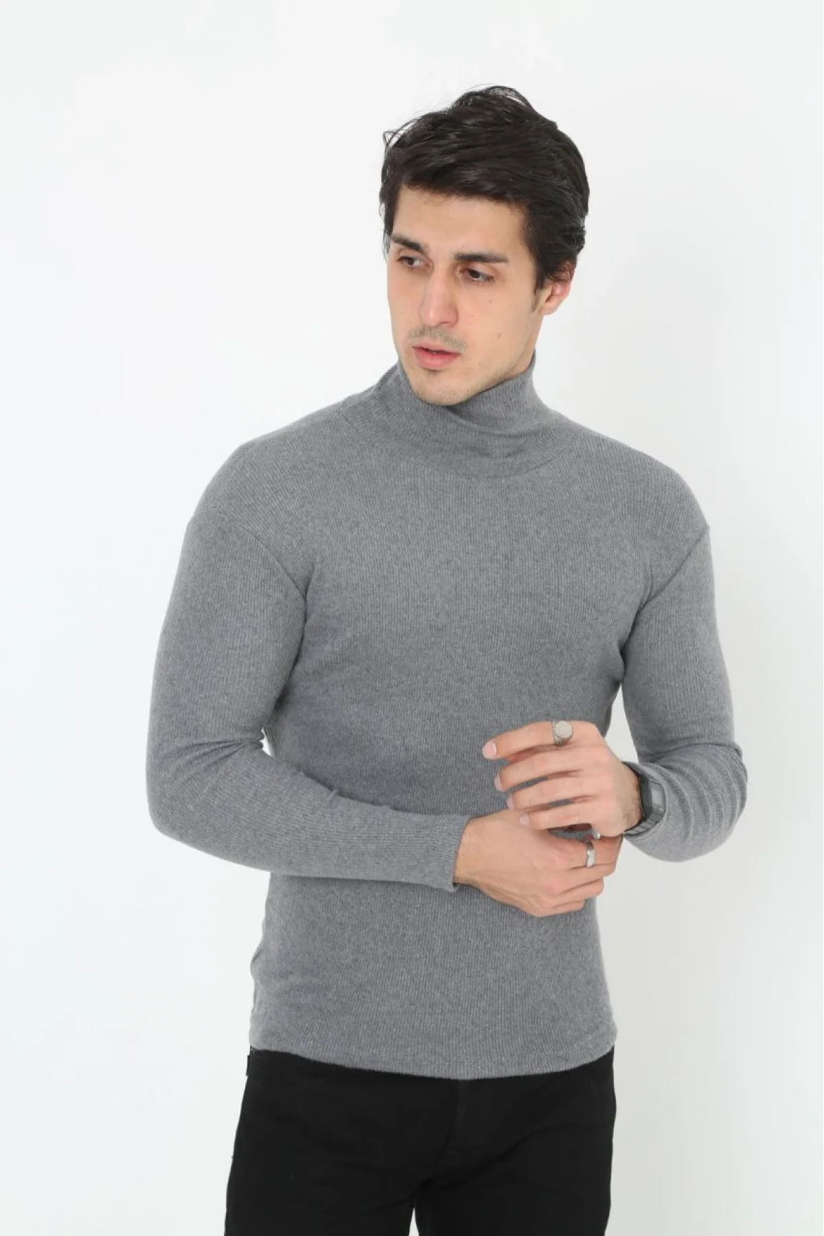 Erkek Kaşkorse Boğazlı Full Likralı Fitilli Body Kazak - Füme