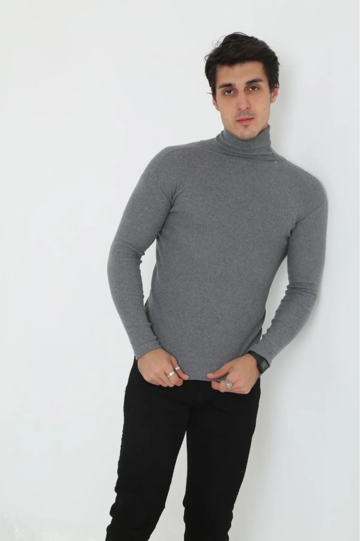 Erkek Kaşkorse Boğazlı Full Likralı Fitilli Body Kazak - Füme