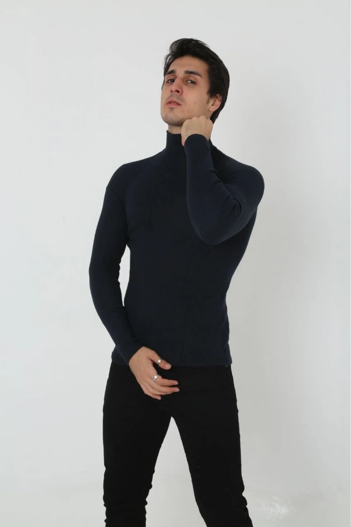 Erkek Kaşkorse Boğazlı Full Likralı Fitilli Body Kazak - Siyah