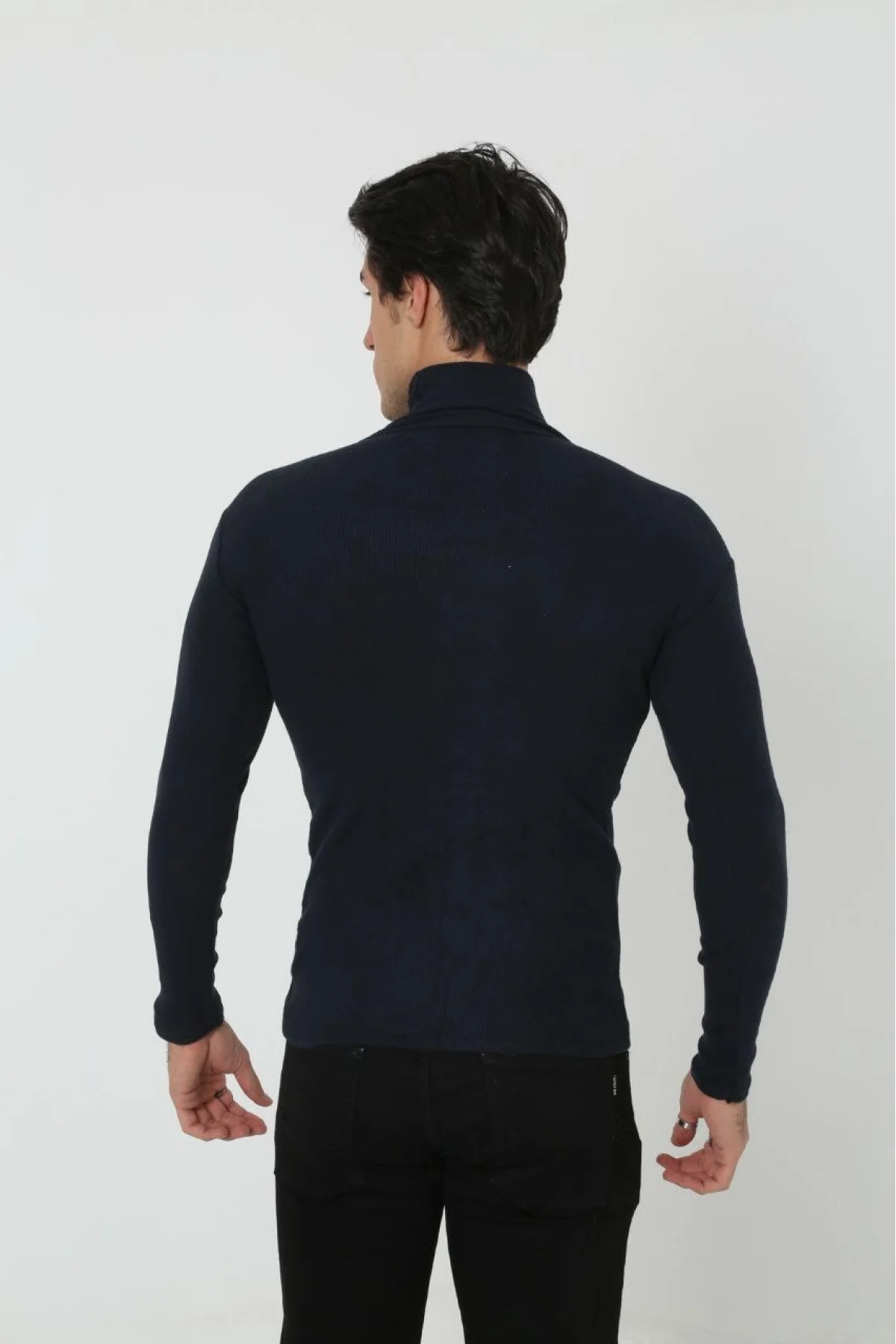 Erkek Kaşkorse Boğazlı Full Likralı Fitilli Body Kazak - Siyah