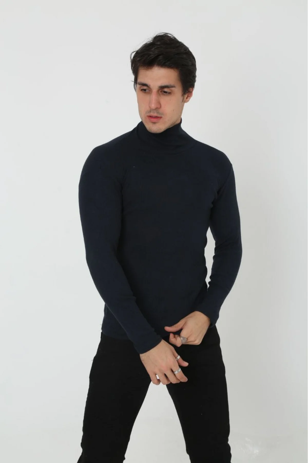 Erkek Kaşkorse Boğazlı Full Likralı Fitilli Body Kazak - Siyah