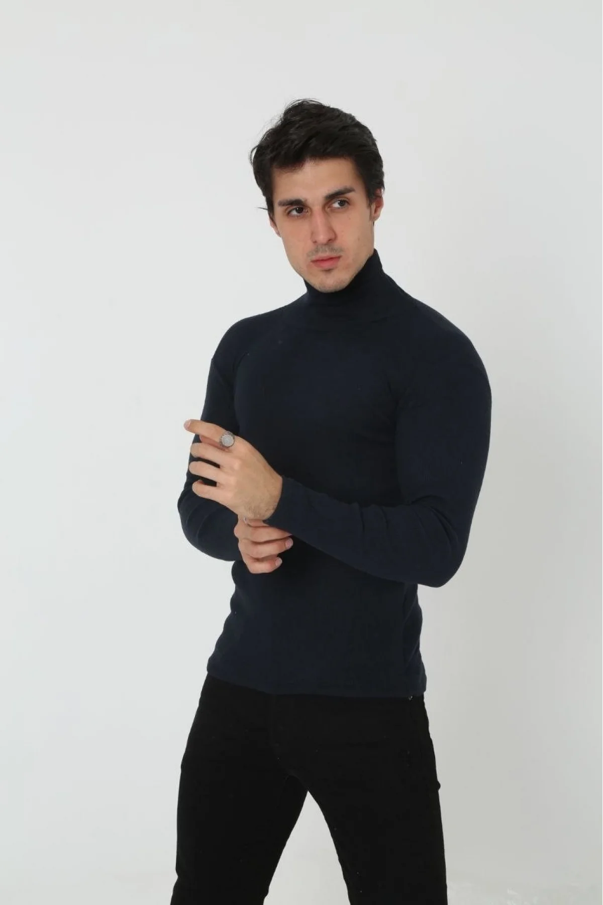 Erkek Kaşkorse Boğazlı Full Likralı Fitilli Body Kazak - Siyah