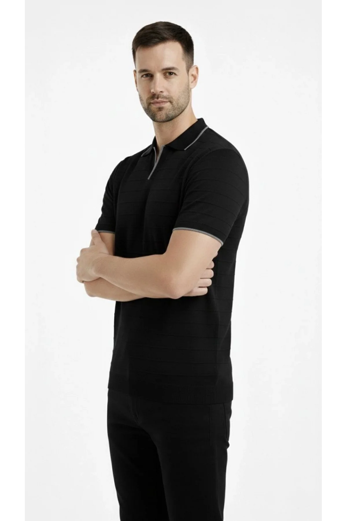 Erkek 2’li Paket Triko Yakalı Düğmesiz Açık Yaka Fitilli Kısa Kollu - Beyaz & Siyah