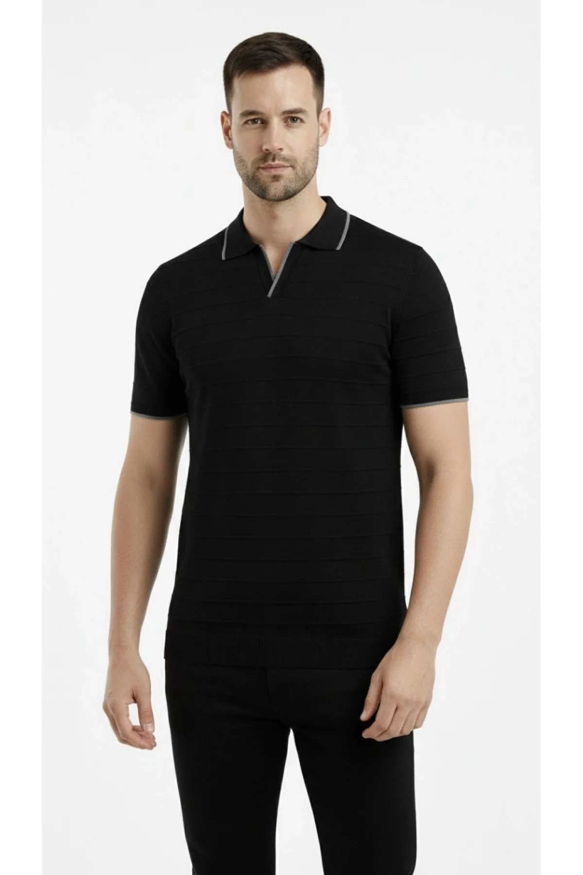 Erkek 2’li Paket Triko Yakalı Düğmesiz Açık Yaka Fitilli Kısa Kollu - Beyaz & Siyah