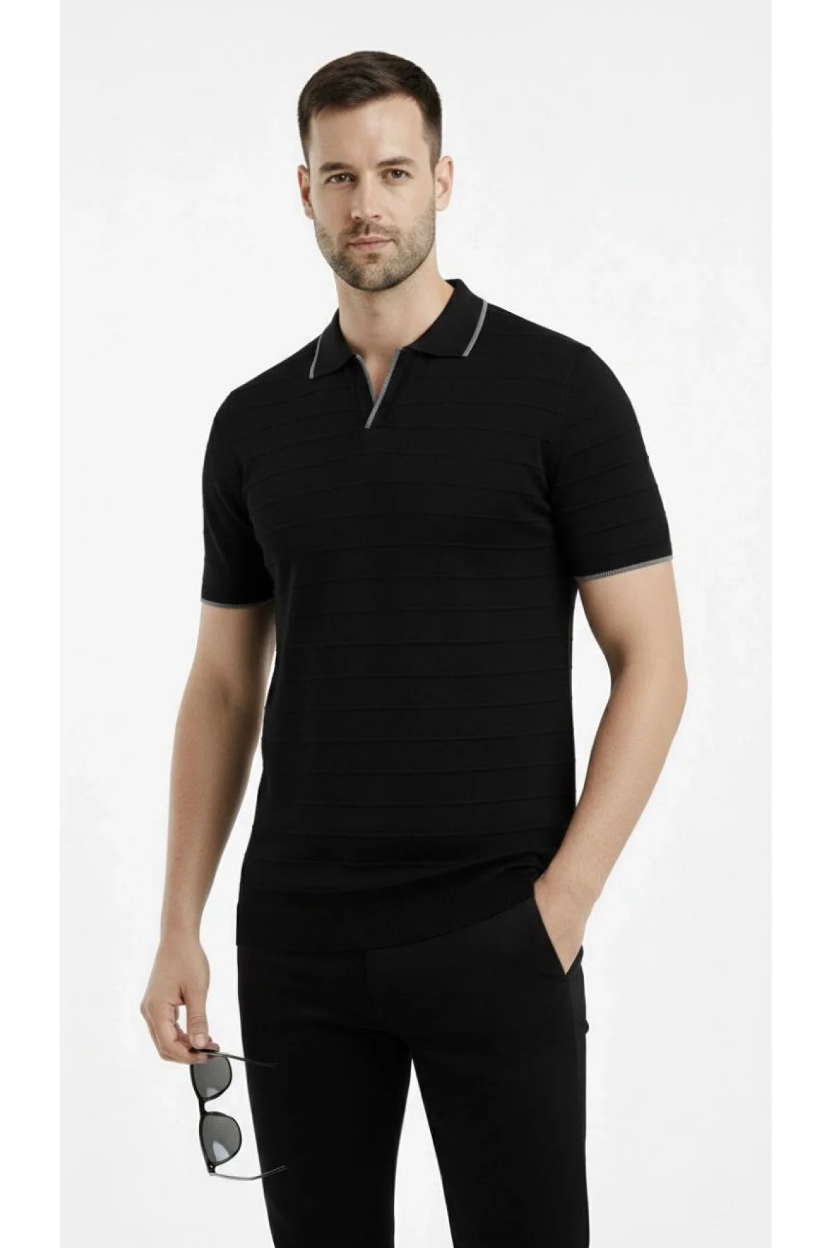 Erkek 2’li Paket Triko Yakalı Düğmesiz Açık Yaka Fitilli Kısa Kollu - Beyaz & Siyah