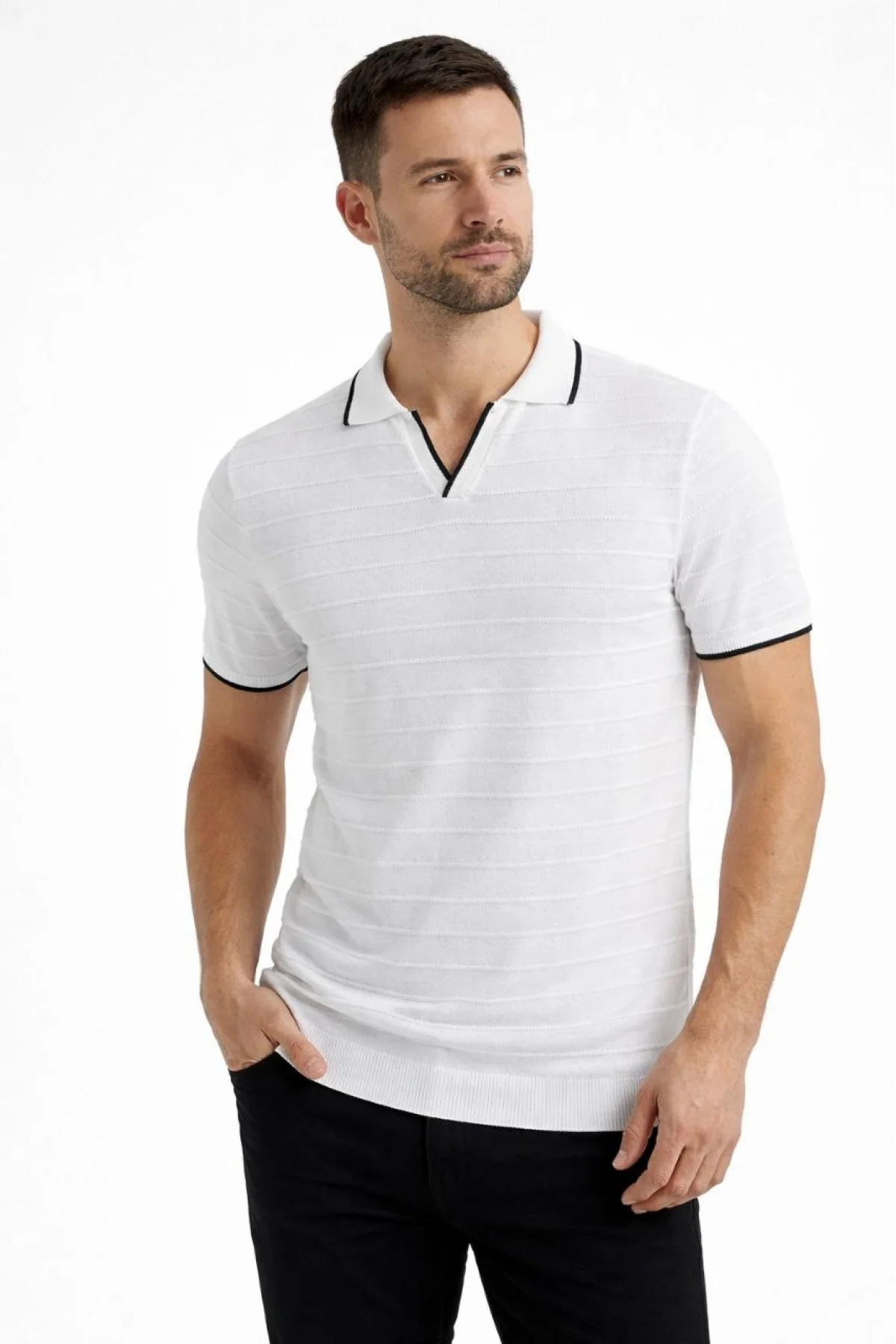 Erkek 2’li Paket Triko Yakalı Düğmesiz Açık Yaka Fitilli Kısa Kollu - Beyaz & Siyah