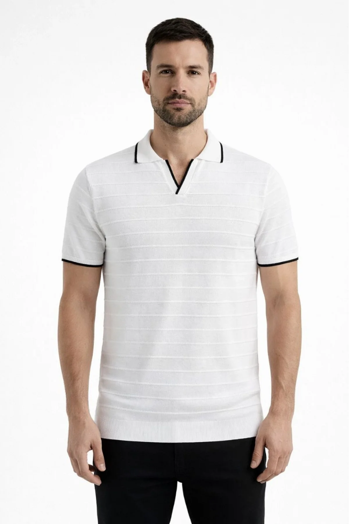 Erkek 2’li Paket Triko Yakalı Düğmesiz Açık Yaka Fitilli Kısa Kollu - Beyaz & Siyah