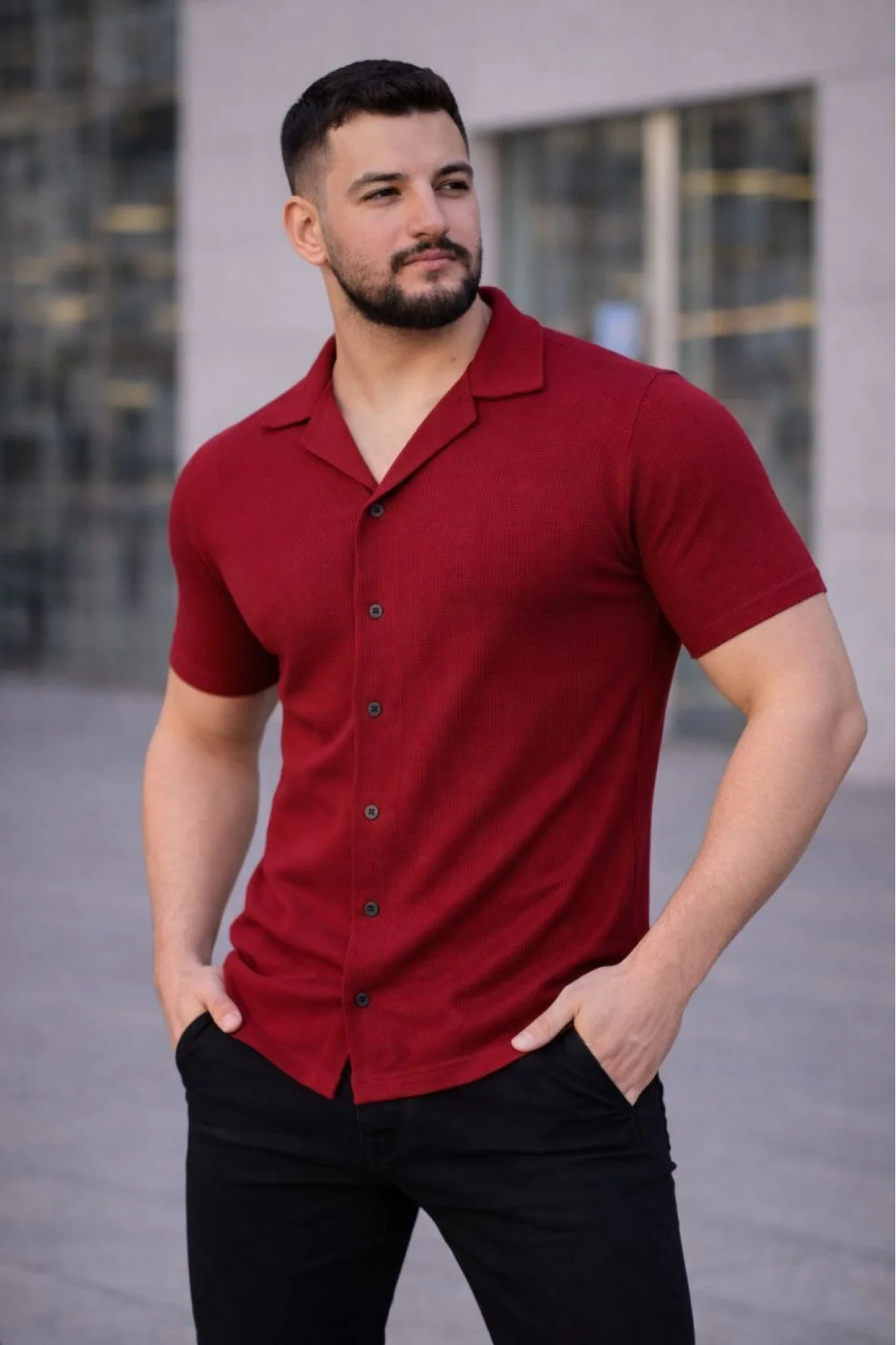 Erkek Waffle Dokuma Açık Yakalı Düğmeli Regular Kalıp 3’lü Gömlek Seti - Siyah, Kırmızı, Beyaz