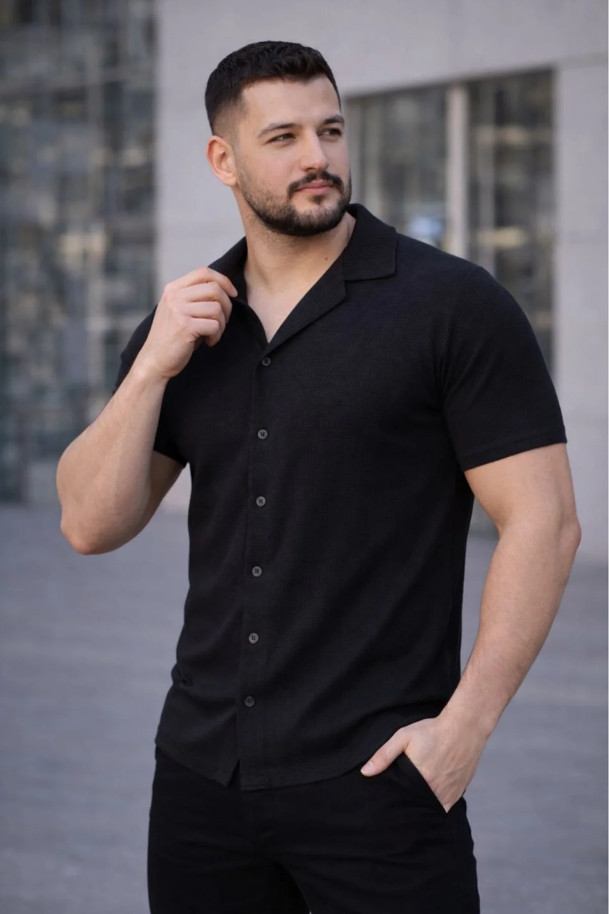 Erkek Waffle Dokuma Açık Yakalı Düğmeli Regular Kalıp 3’lü Gömlek Seti - Siyah, Haki, Lacivert