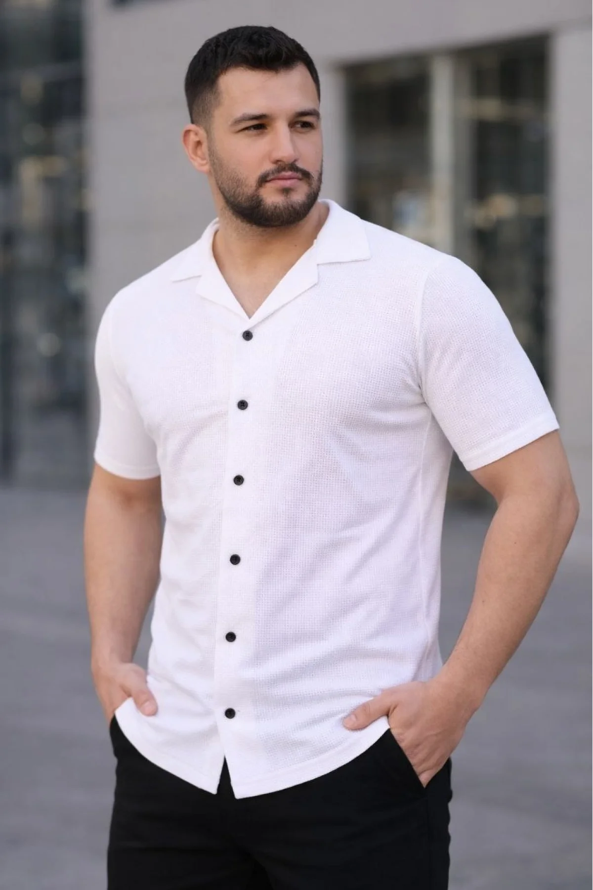 Erkek Waffle Dokuma Açık Yakalı Düğmeli Regular Kalıp 3’lü Gömlek Seti - Bej, Beyaz, Lacivert