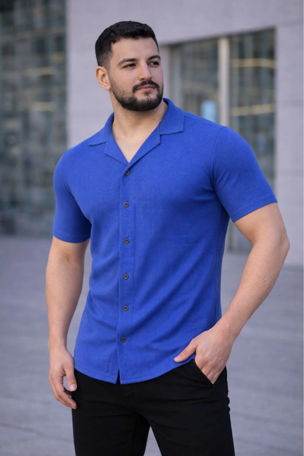 Erkek Waffle Dokuma Açık Yakalı Düğmeli Regular Kalıp 2’li Gömlek Seti - Siyah & Saks Mavisi