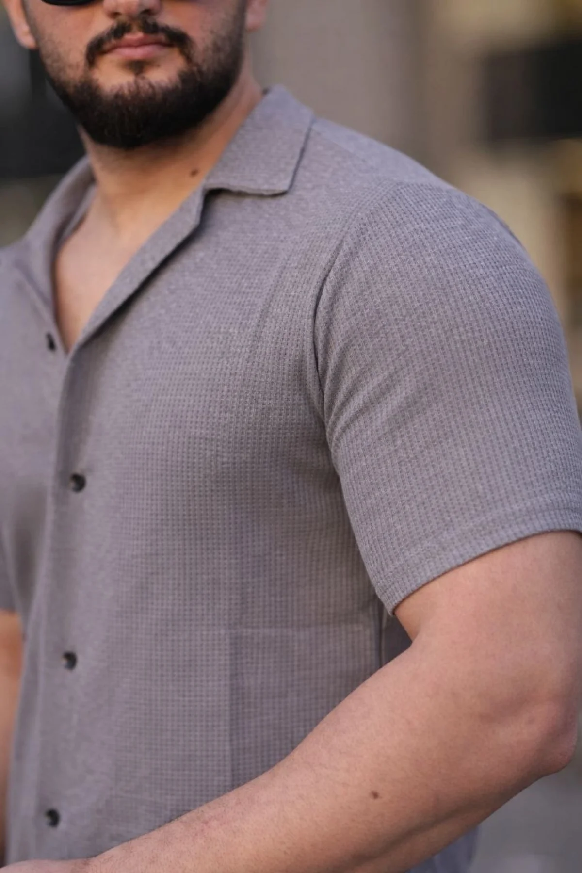 Erkek Waffle Dokuma Açık Yakalı Düğmeli Regular Kalıp 2’li Gömlek Seti - Lacivert & Gri