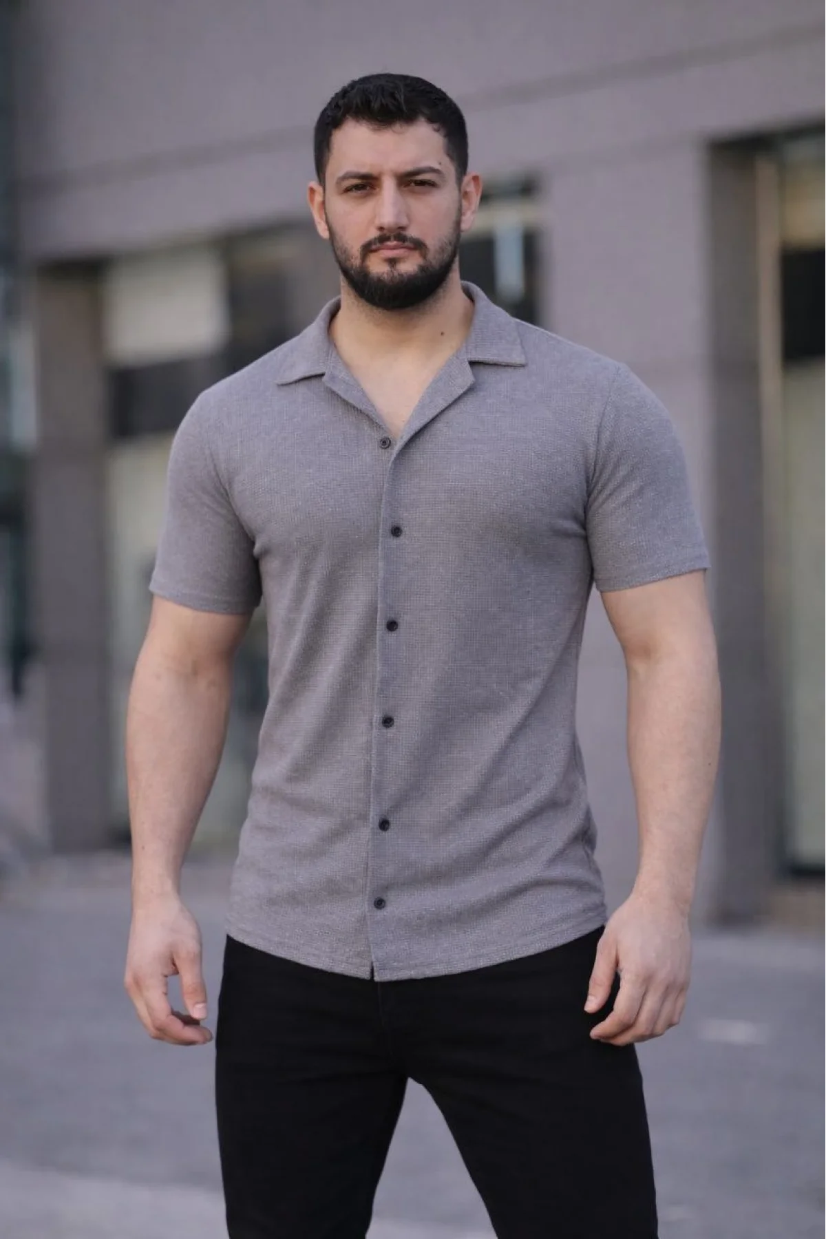 Erkek Waffle Dokuma Açık Yakalı Düğmeli Regular Kalıp 2’li Gömlek Seti - Lacivert & Gri