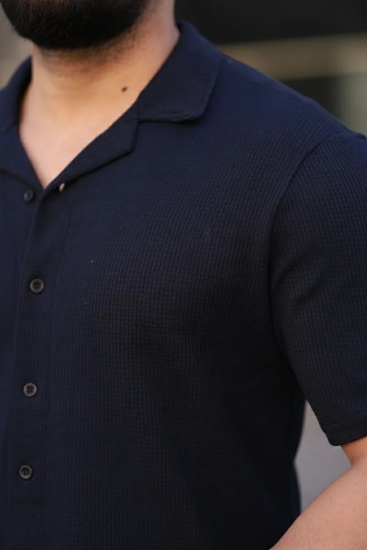 Erkek Waffle Dokuma Açık Yakalı Düğmeli Regular Kalıp 2’li Gömlek Seti - Lacivert & Gri