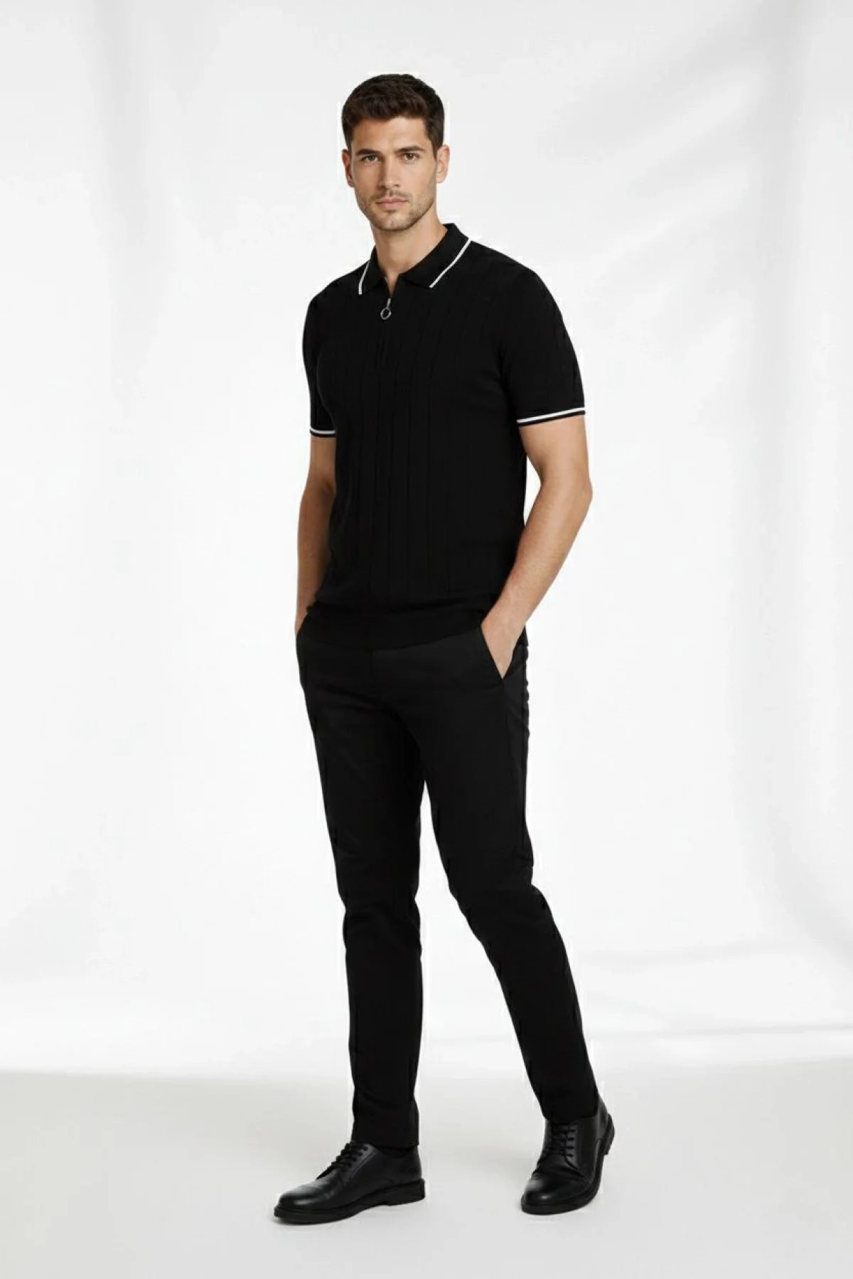 Erkek 2’li Paket Dokuma Triko  Fermuarlı Yakalı Fitilli Kısa Kollu Regular Fit Tişört - Bej & Siyah