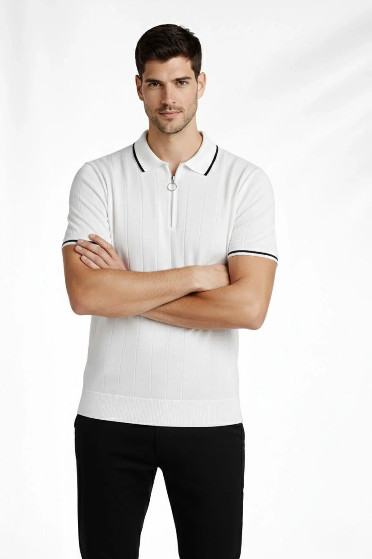 Erkek 2’li Paket Dokuma Triko Fermuarlı Yakalı Fitilli Kısa Kollu Regular - Beyaz & Siyah