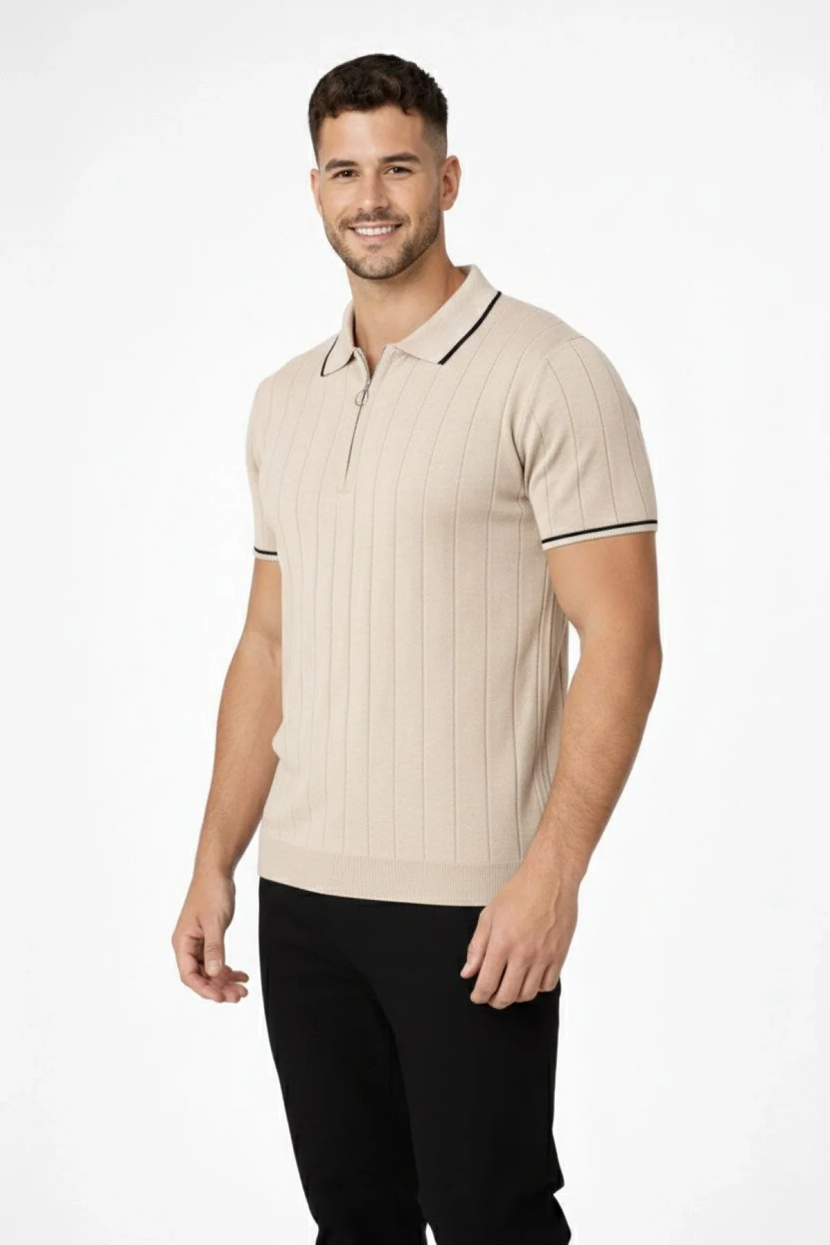 Erkek Dokuma Triko Tişört Fermuarlı Polo Yaka Yazlık Kısa Kol T-Shirt 2’li Set Bej-Beyaz