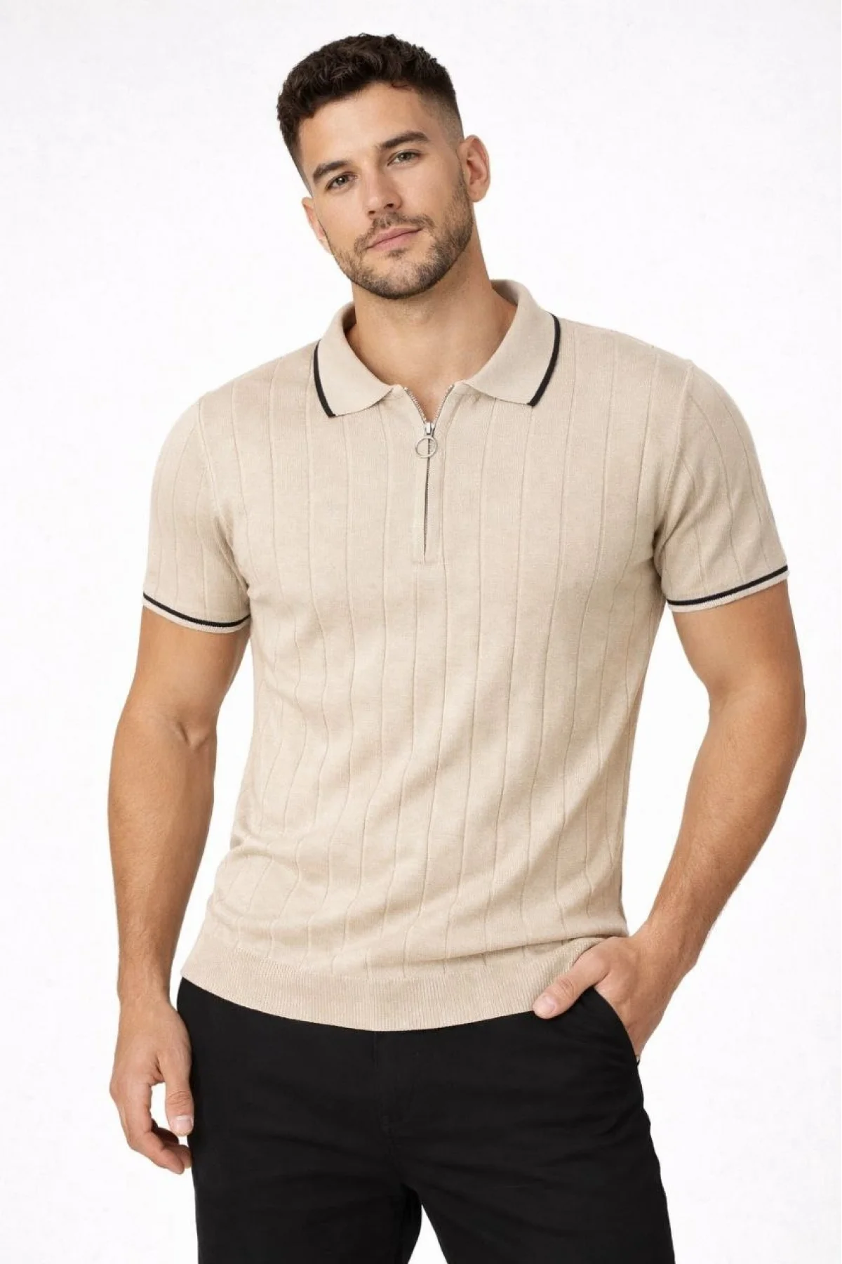 Erkek Dokuma Triko Tişört Fermuarlı Polo Yaka Yazlık Kısa Kol T-Shirt 2’li Set Bej-Beyaz