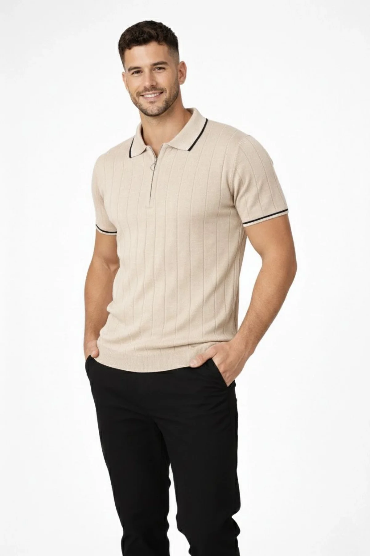 Erkek Triko Tişört Fermuarlı Polo Yaka Kısa Kol T-Shirt 3’lü Set Bej-Beyaz-Siyah