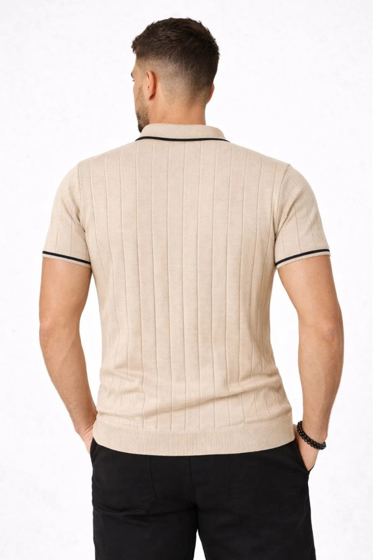 Erkek Triko Tişört Fermuarlı Polo Yaka Kısa Kol T-Shirt 3’lü Set Bej-Beyaz-Siyah