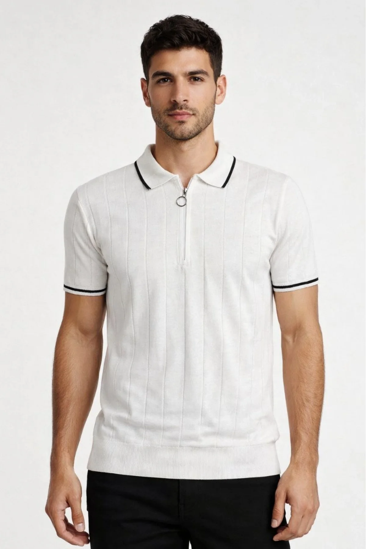 Erkek Dokuma Triko Tişört Fermuarlı Polo Yaka Yazlık Kısa Kol T-Shirt 2’li Set Bej-Beyaz