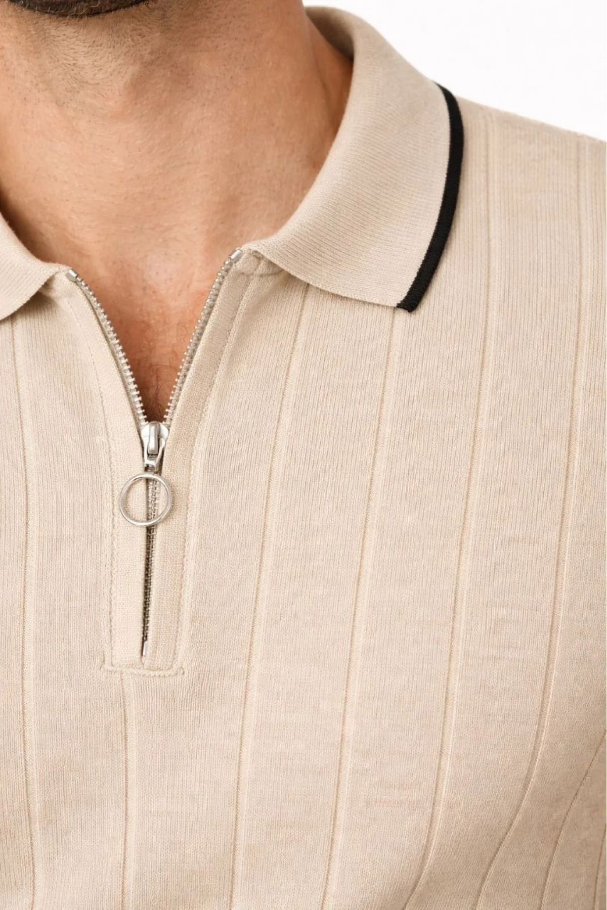 Erkek Triko Tişört Fermuarlı Polo Yaka Kısa Kol T-Shirt 3’lü Set Bej-Beyaz-Siyah