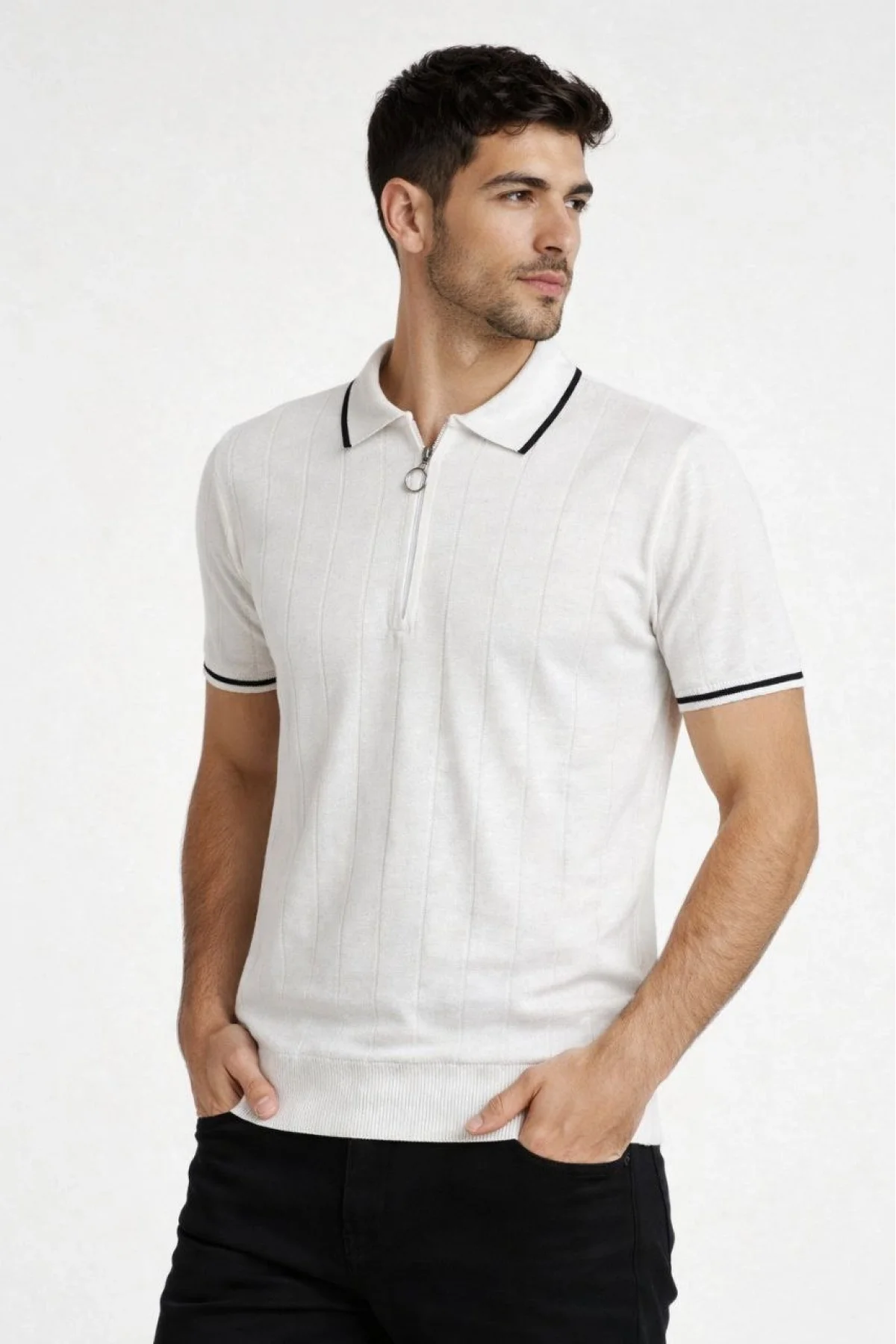 Erkek 3’lü Paket Dokuma Triko Fermuarlı Yakalı Fitilli Kısa Kollu Regular Fit Tişört -