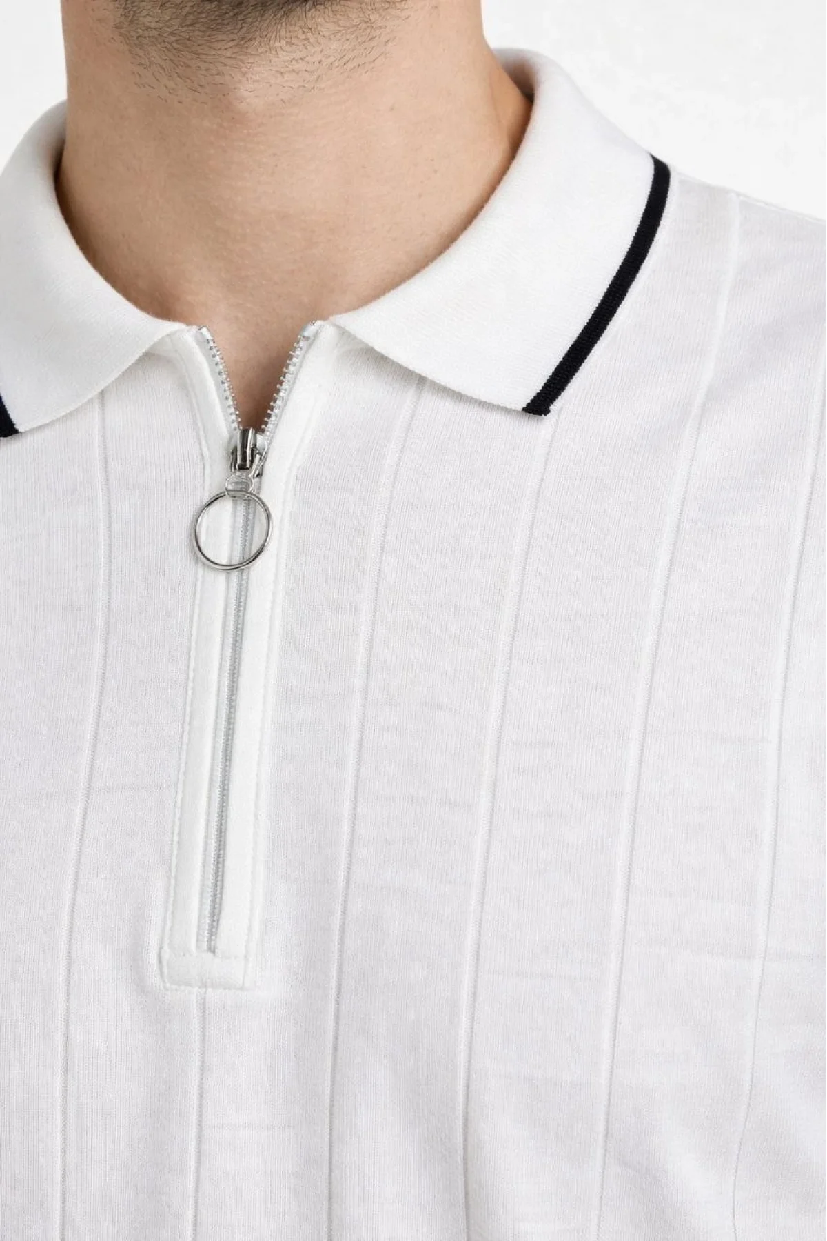 Erkek Dokuma Triko Tişört Fermuarlı Polo Yaka Yazlık Kısa Kol T-Shirt 2’li Set Bej-Beyaz