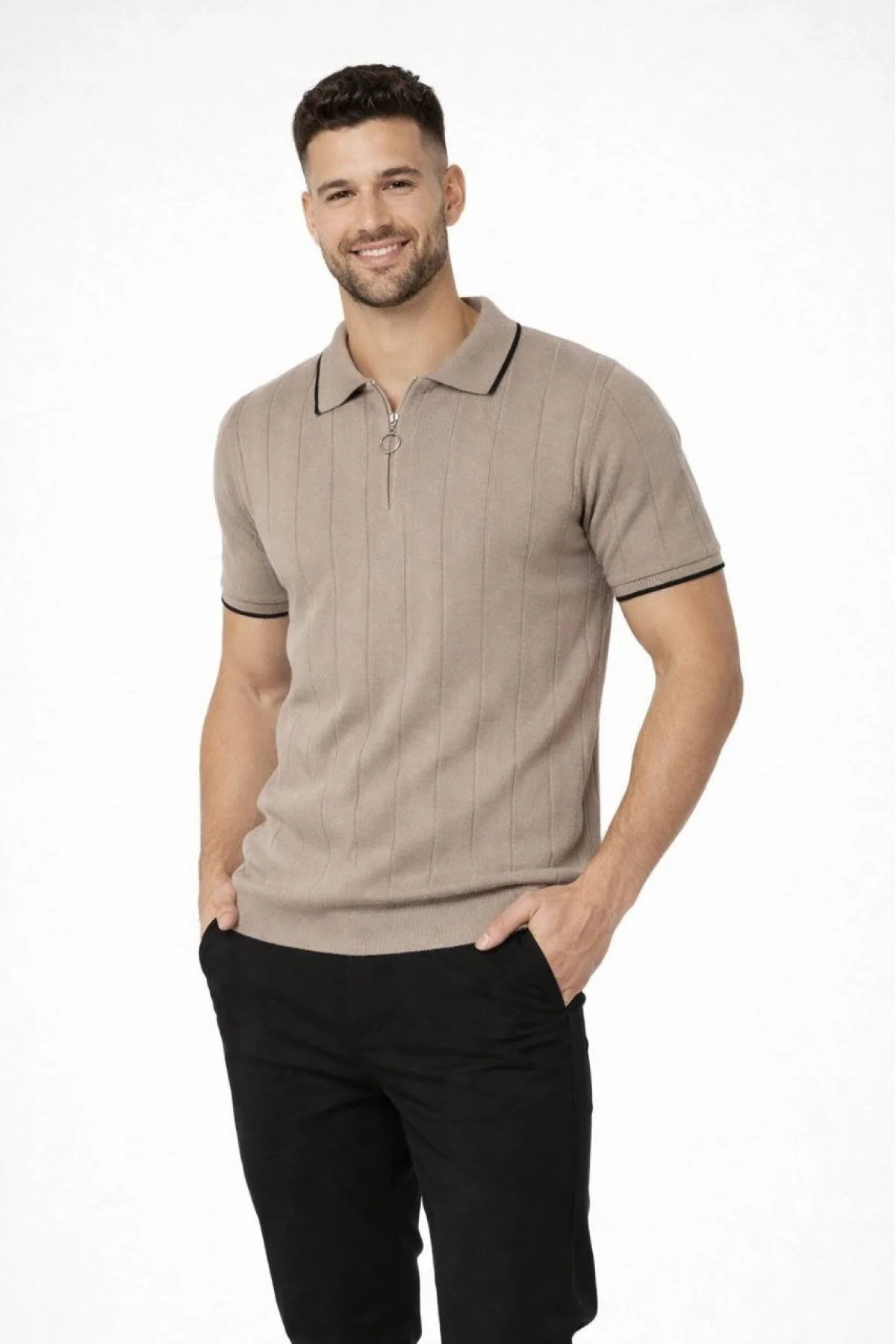 Erkek 3’lü Paket Dokuma Triko Fermuarlı Yakalı Fitilli Kısa Kollu Regular Fit Tişört -