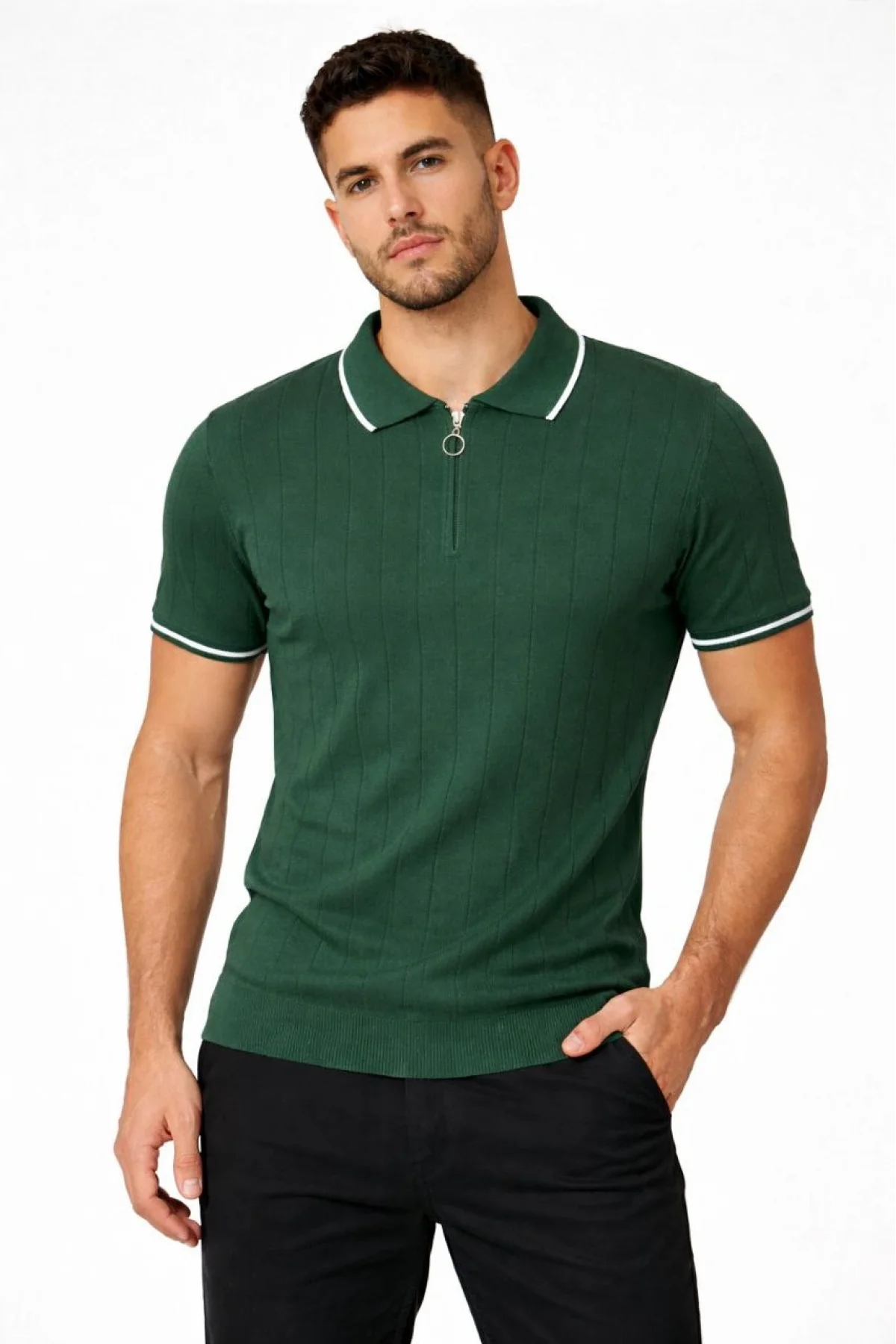 Erkek 3’lü Paket Dokuma Triko Fermuarlı Yakalı Fitilli Kısa Kollu - Beyaz, Haki, Siyah