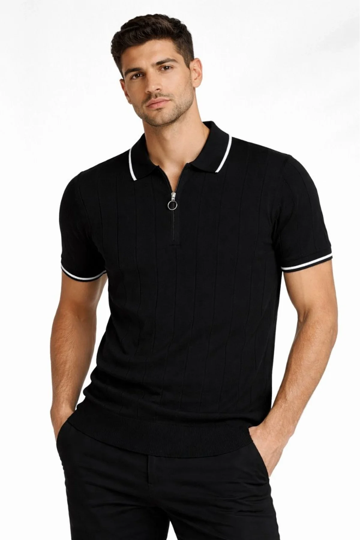 Erkek 3’lü Paket Dokuma Triko Fermuarlı Yakalı Fitilli Kısa Kollu Regular Fit Tişört -