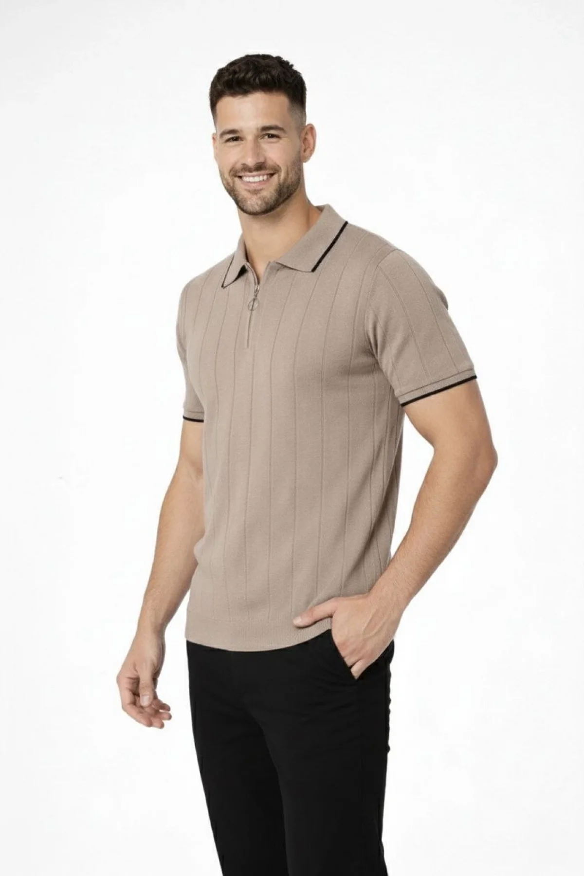 Erkek 3’lü Paket Dokuma Triko Fermuarlı Yakalı Fitilli Kısa Kollu Regular Fit Tişört -