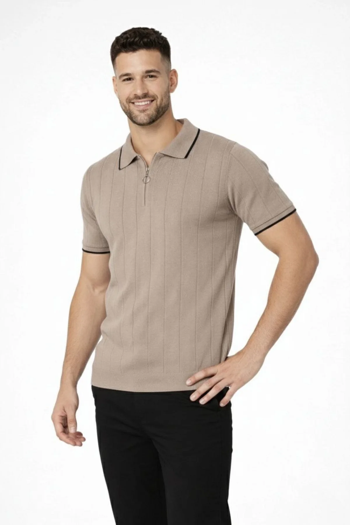 Erkek 3’lü Paket Dokuma Triko Fermuarlı Yakalı Fitilli Kısa Kollu Regular Fit Tişört -