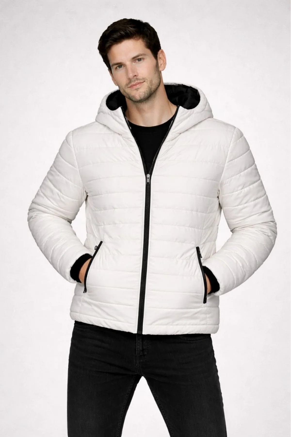 Erkek Şişme Kapüşonlu Fermuarlı Mont Su itici Kapitone Astarlı Cepli Kalıp - Krem