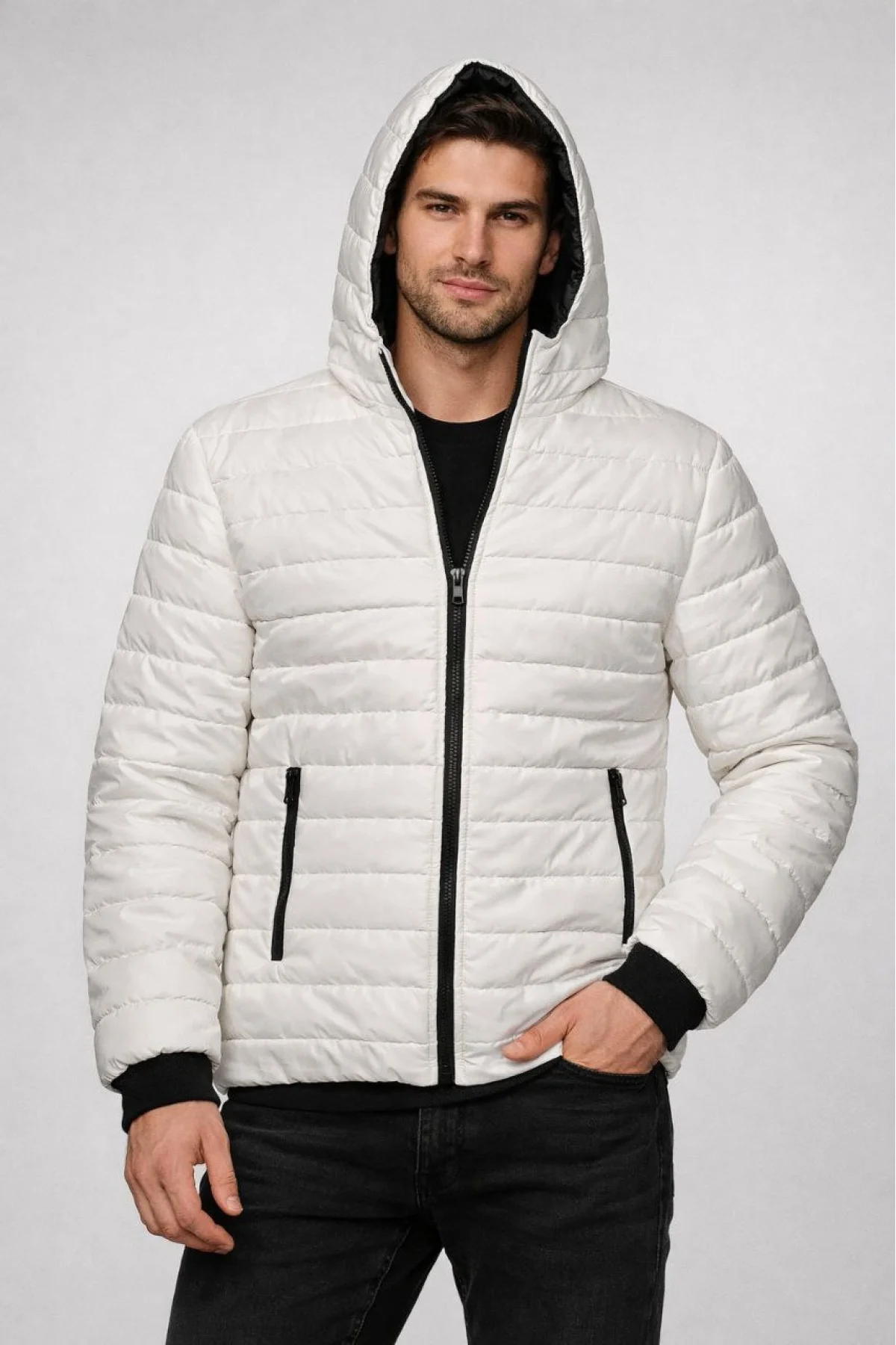 Erkek Şişme Kapüşonlu Fermuarlı Mont Su itici Kapitone Astarlı Cepli Kalıp - Krem