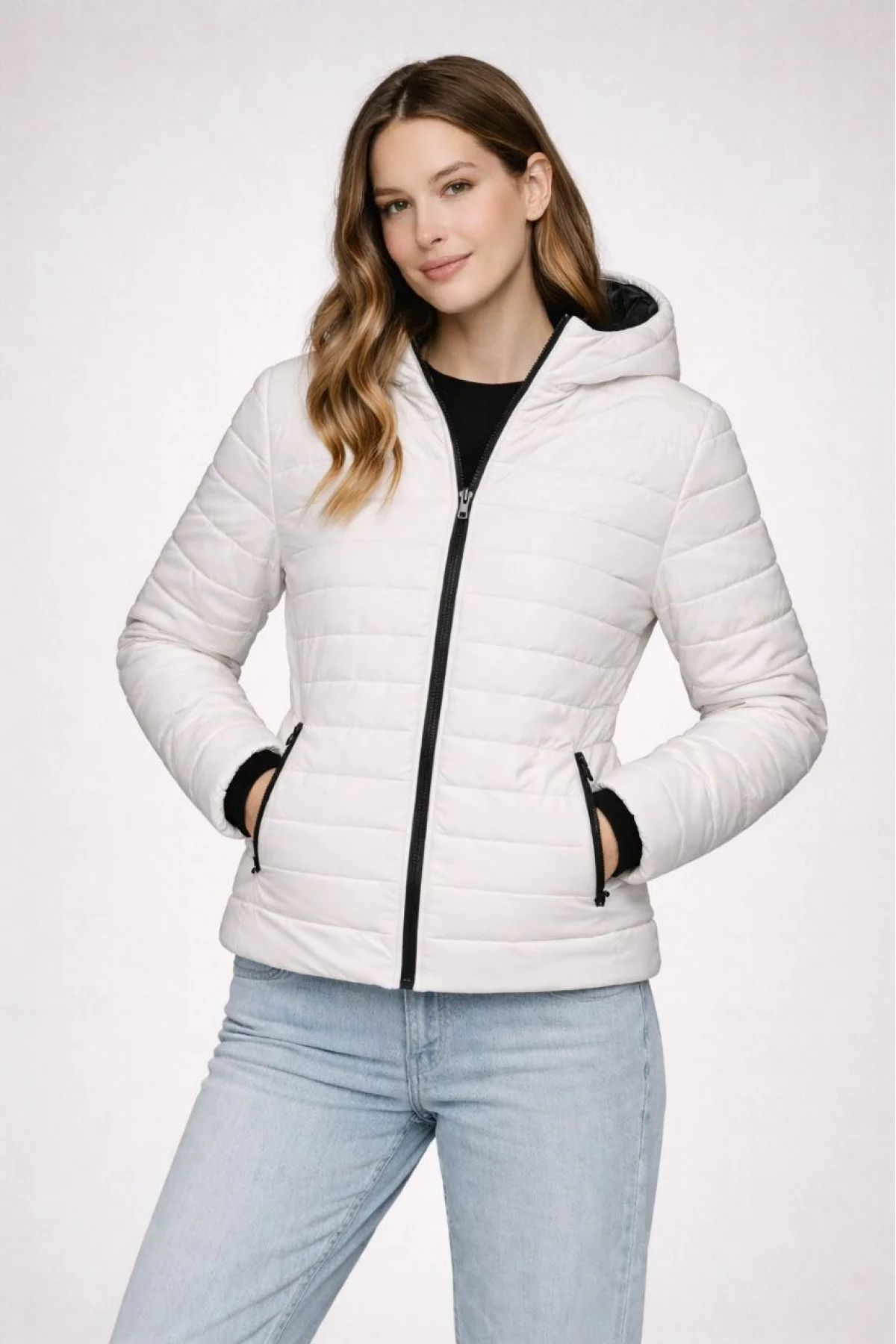 Kadın Şişme Kapüşonlu Fermuarlı Mont Su itici Kapitone Astarlı Cepli Kalıp - Krem