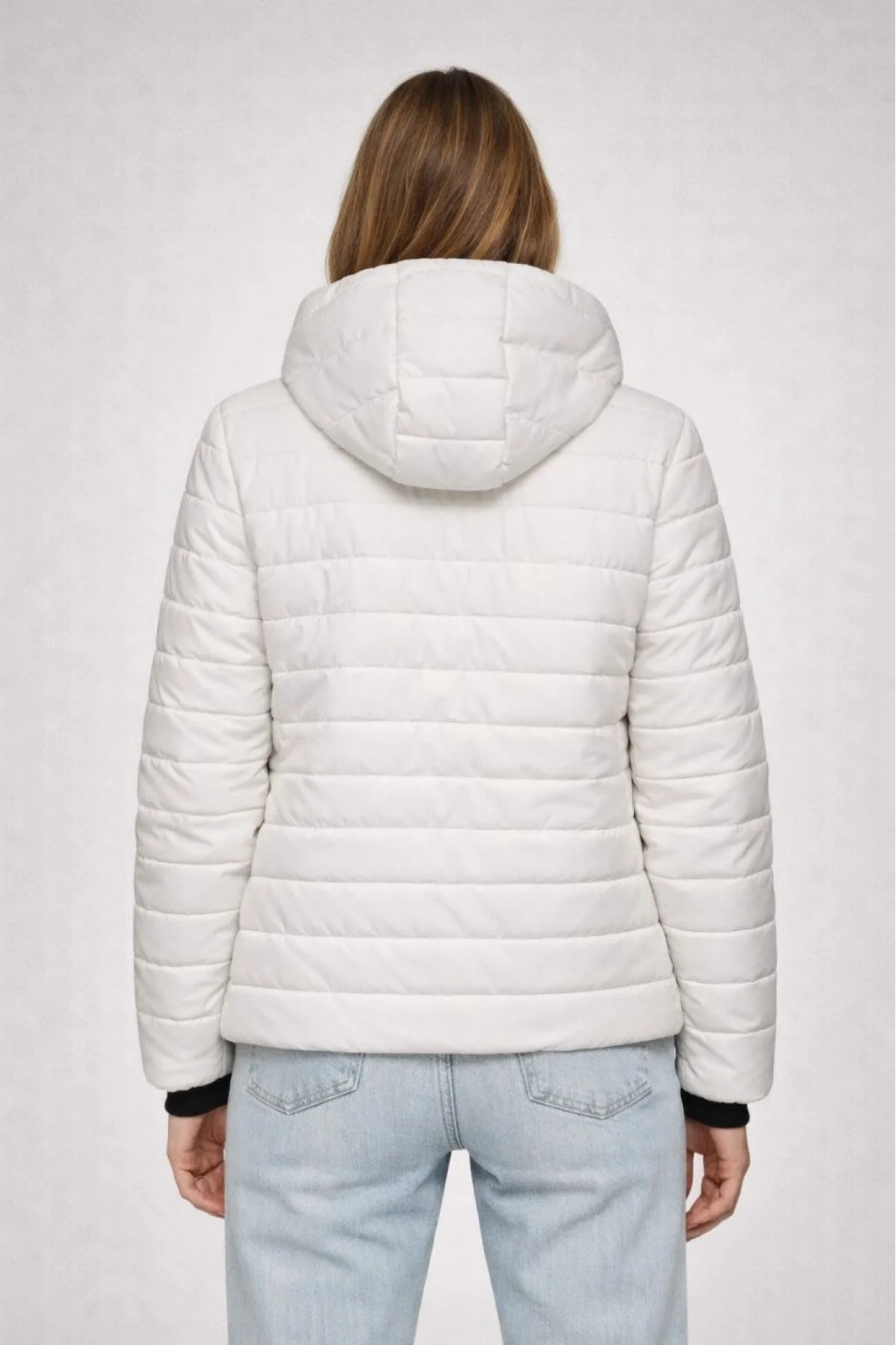 Kadın Şişme Kapüşonlu Fermuarlı Mont Su itici Kapitone Astarlı Cepli Kalıp - Krem