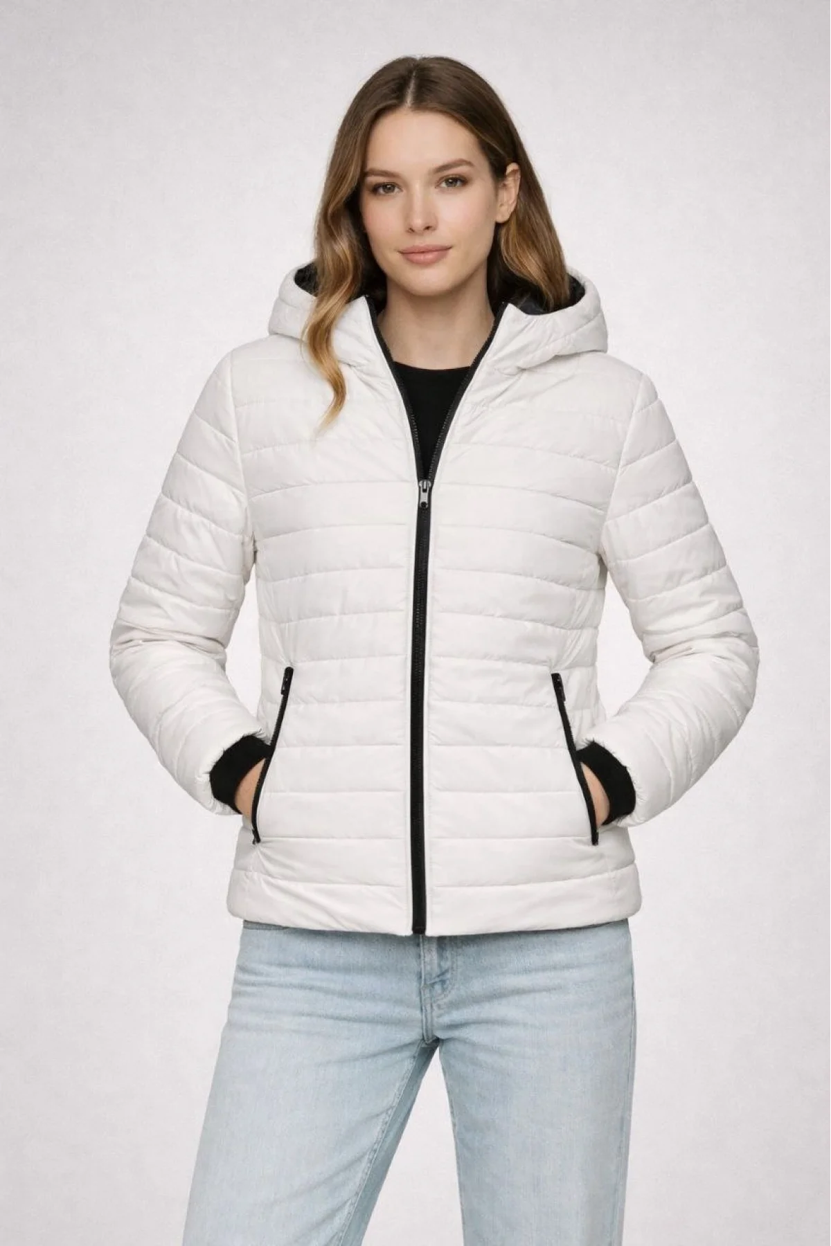 Kadın Şişme Kapüşonlu Fermuarlı Mont Su itici Kapitone Astarlı Cepli Kalıp - Krem