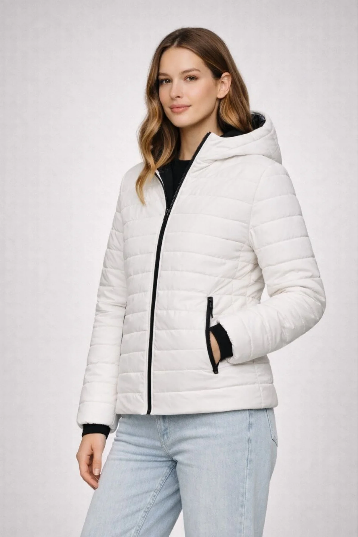 Kadın Şişme Kapüşonlu Fermuarlı Mont Su itici Kapitone Astarlı Cepli Kalıp - Krem