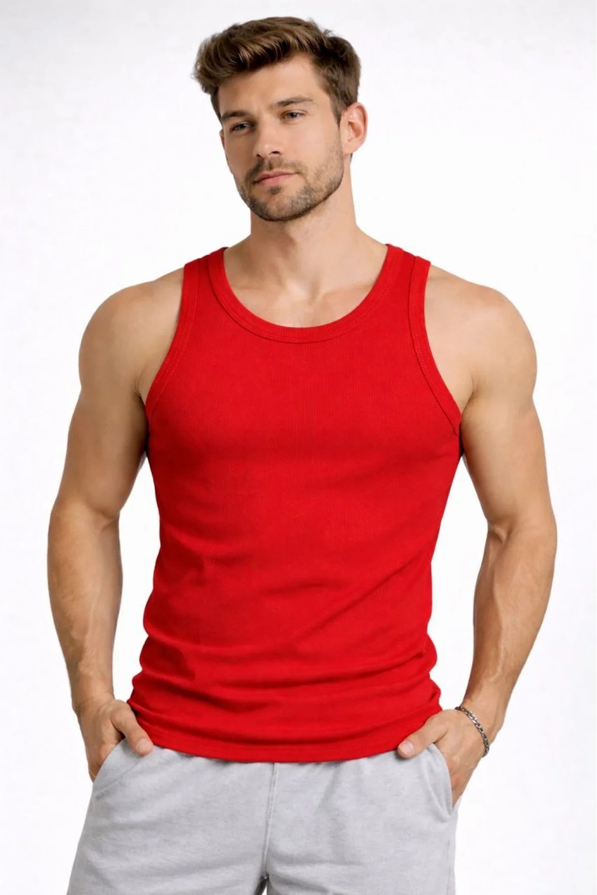 Erkek Fitilli Atlet Sıfır Yaka Slim Fit Arka Baskılı Spor Atlet - Kırmızı