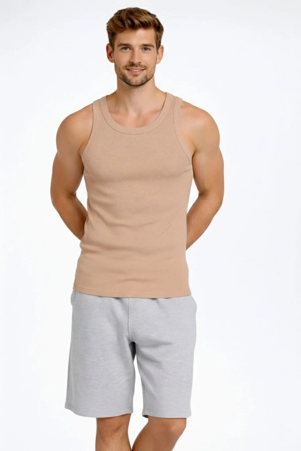 Erkek Fitilli Atlet Sıfır Yaka Slim Fit Arka Baskılı Spor Atlet - Bej