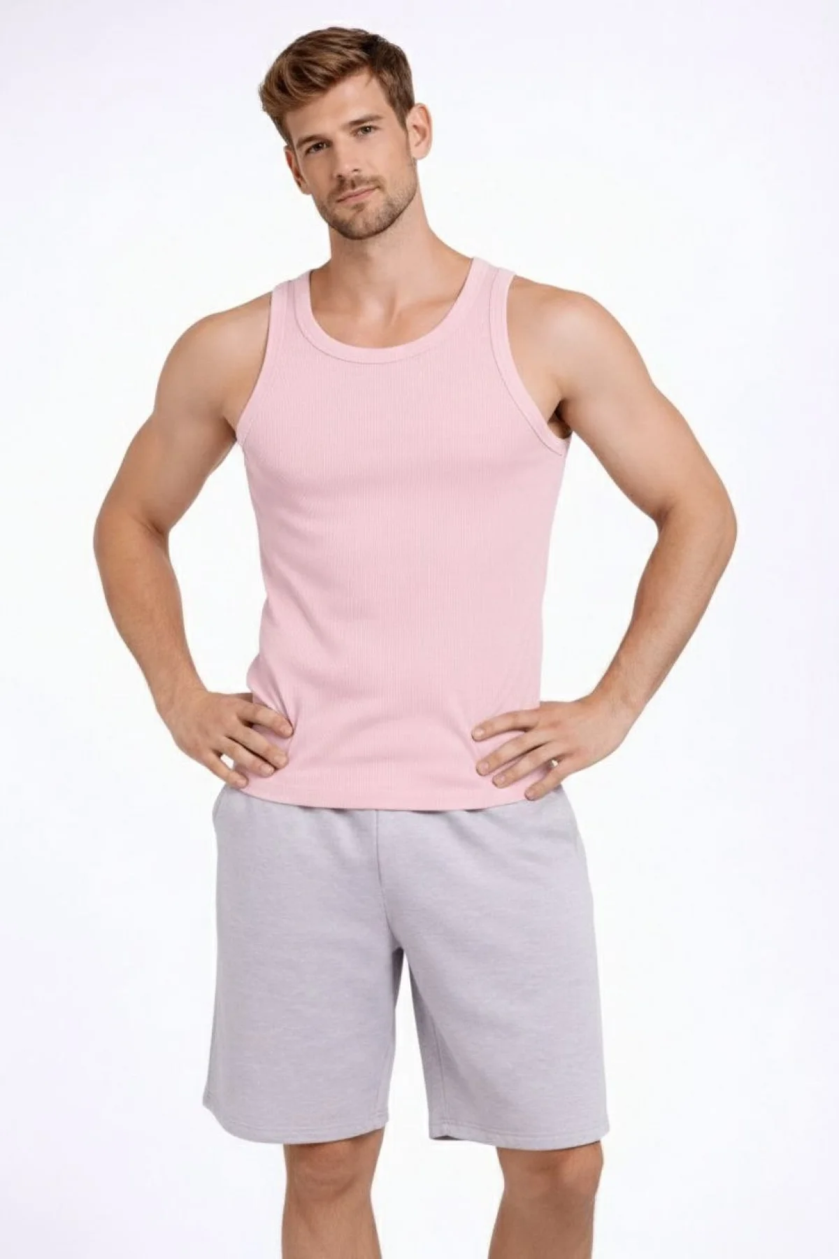 Erkek Fitilli Atlet Sıfır Yaka Slim Fit Arka Baskılı Spor Atlet - Pembe