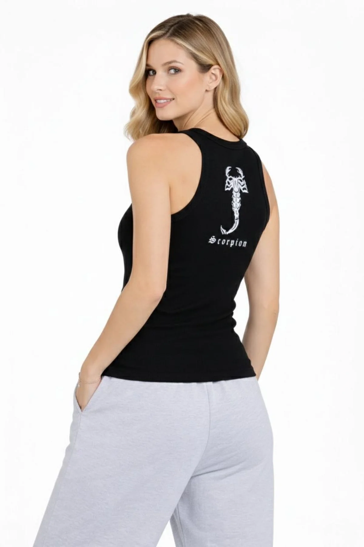 Kadın Fitilli Atlet Sıfır Yaka Slim Fit Arka Baskılı Spor Atlet - Siyah