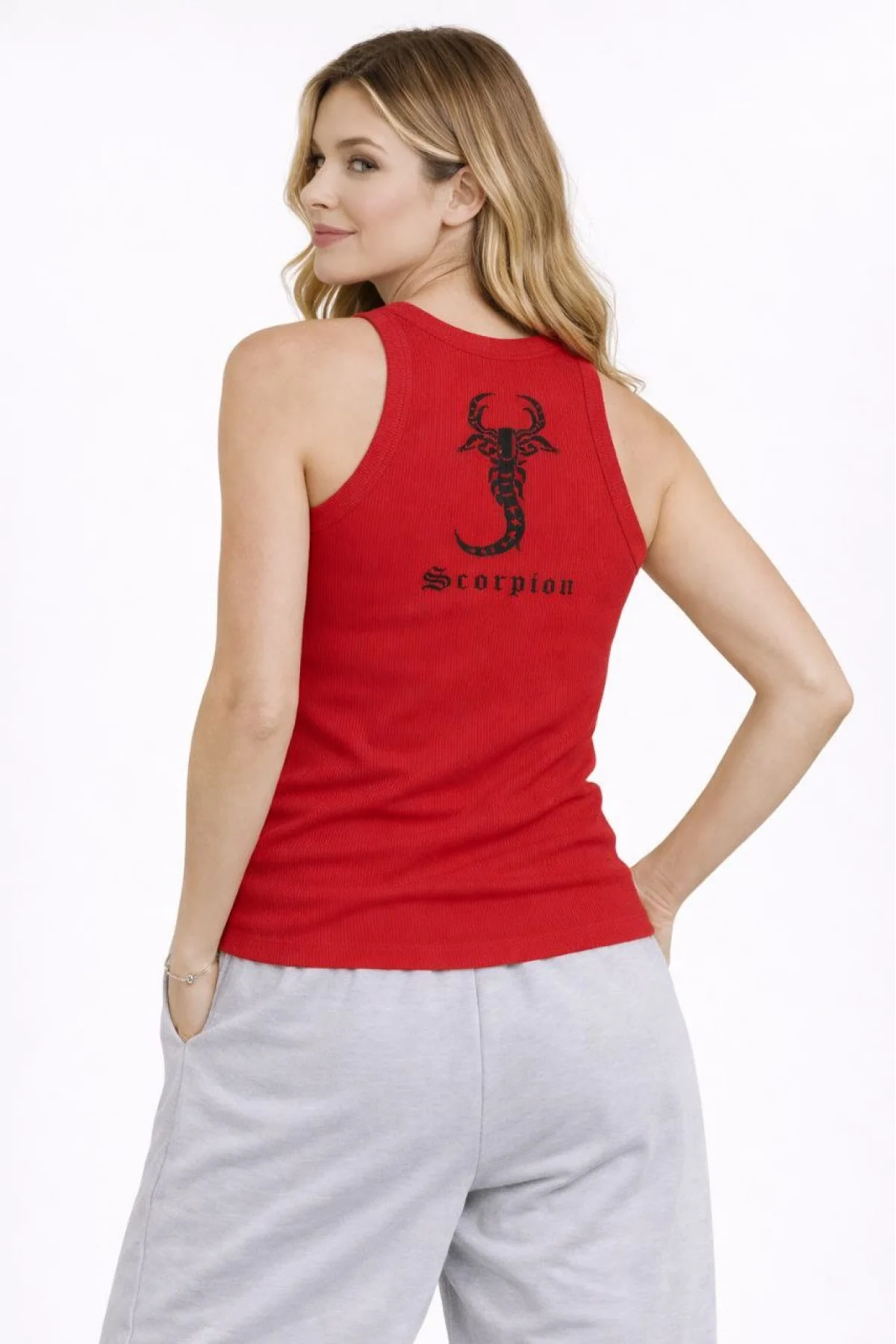 Kadın Fitilli Atlet Sıfır Yaka Slim Fit Arka Baskılı Spor Atlet - Kırmızı