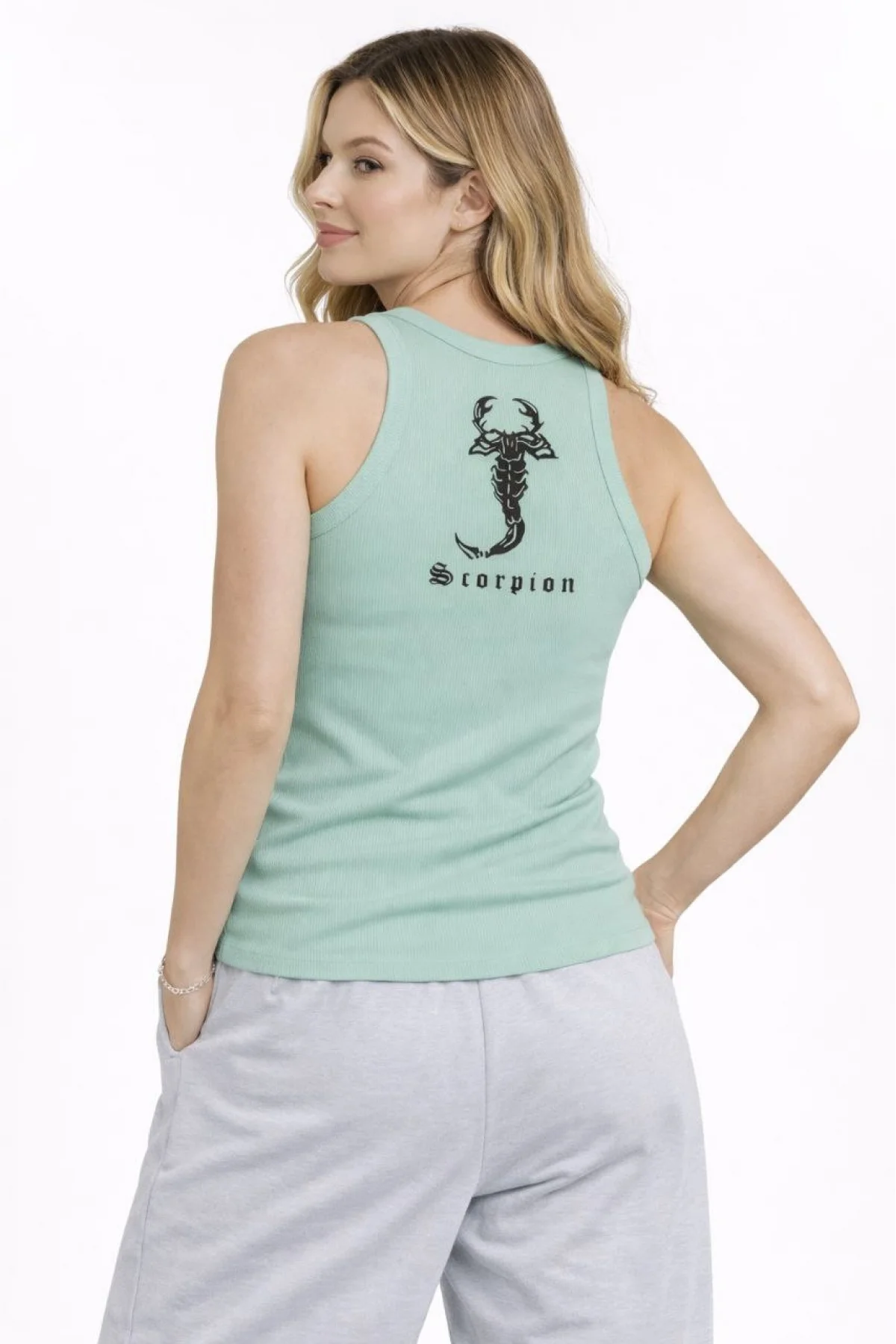 Kadın Fitilli Atlet Sıfır Yaka Slim Fit Arka Baskılı Spor Atlet - Mint Yeşili