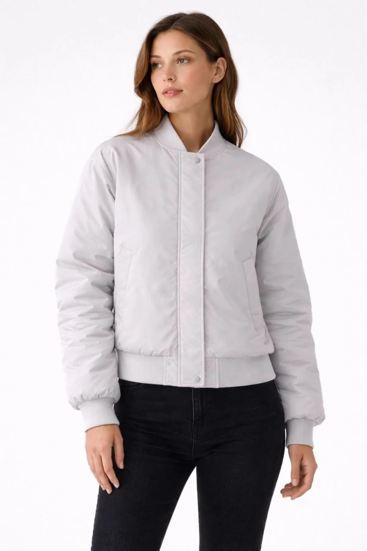 Kadın Premium Bomber Ceket Çıtçıt Kapamalı, Ribana Manşetli, Astarlı, Regular Fit Mont - Beyaz