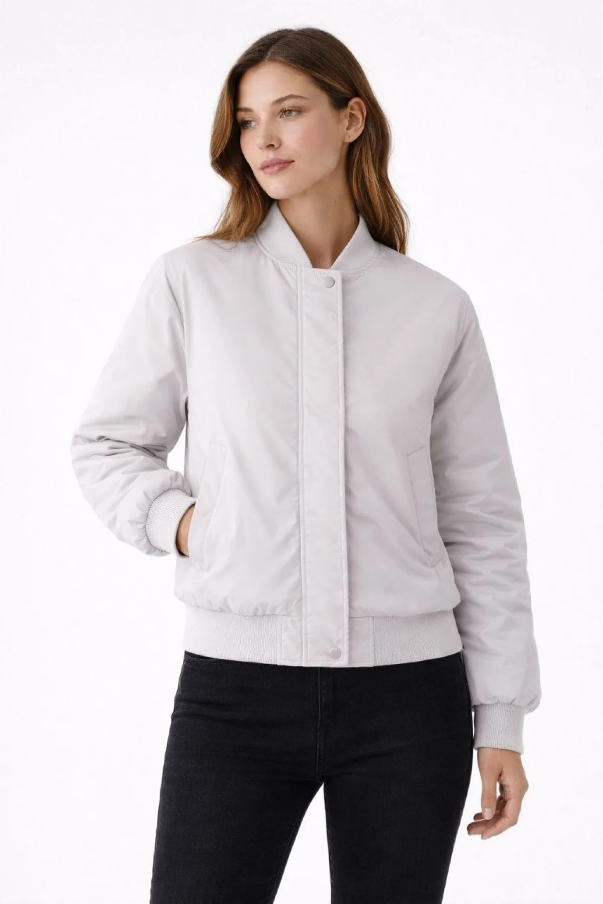 Kadın Premium Bomber Ceket Çıtçıt Kapamalı, Ribana Manşetli, Astarlı, Regular Fit Mont - Beyaz