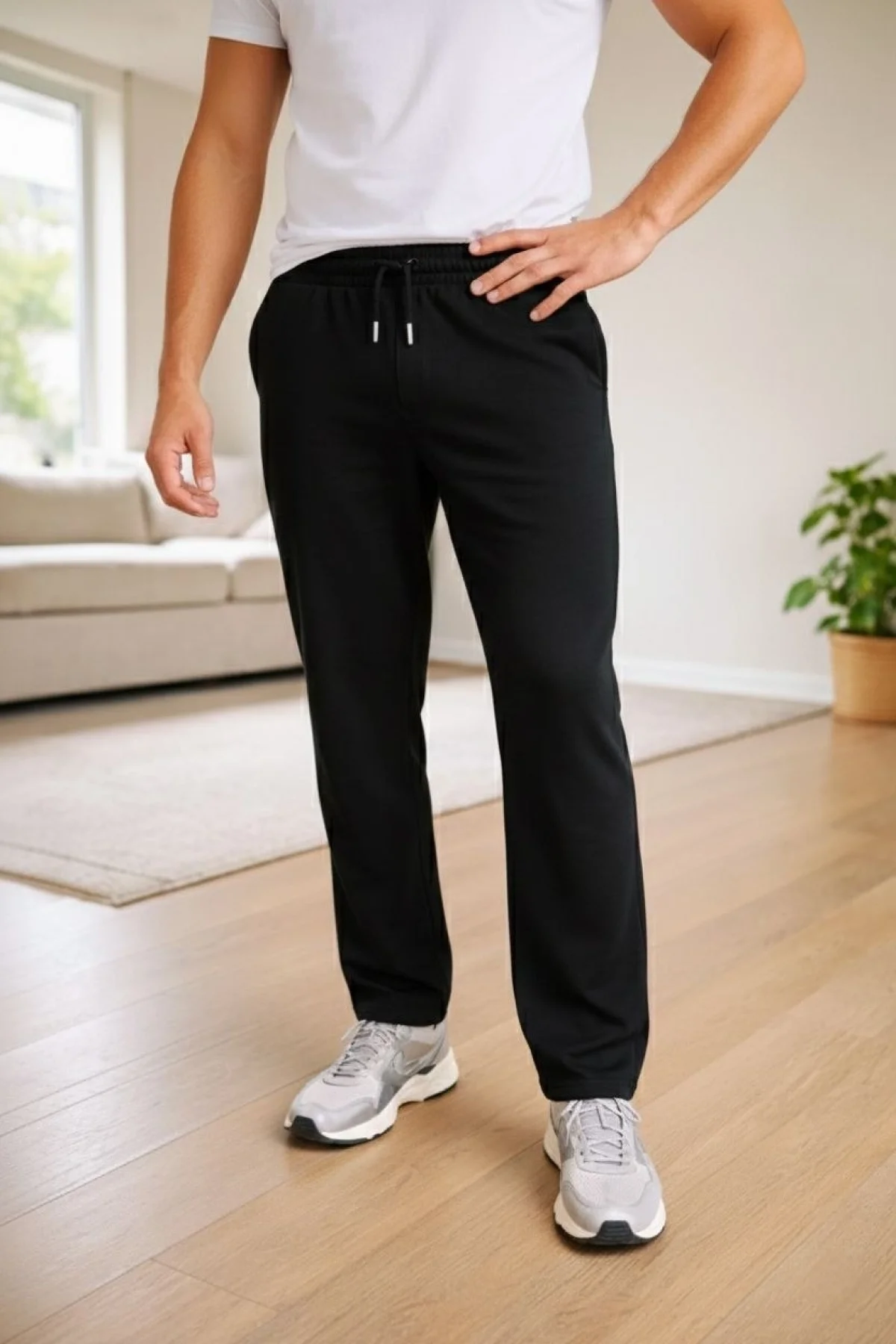 Erkek Düz Paça Beli Lastikli İpli Günlük Spor Eşofman Altı Rahat Fit - Siyah