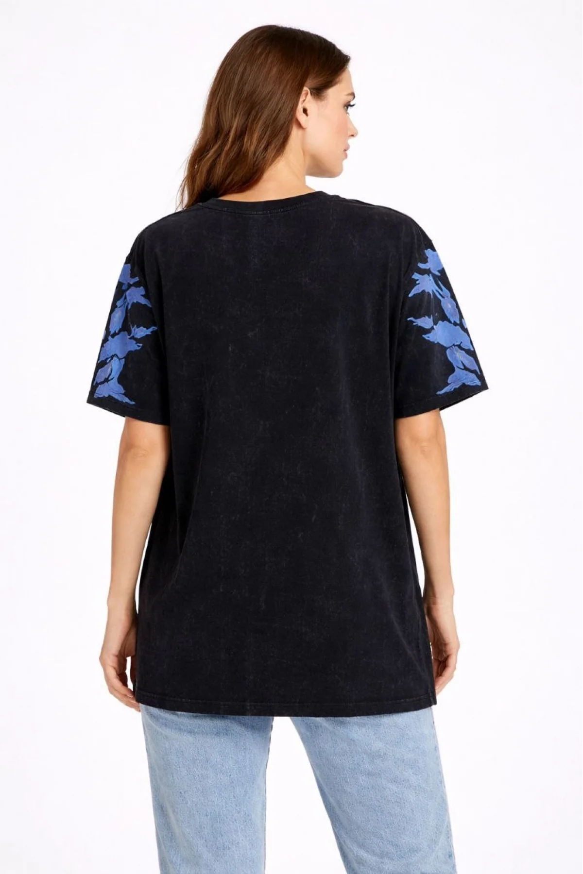 Kadın Asit Yıkamalı Oversize Tişört Mavi Kelebek Baskılı Dijital Print Bisiklet - Siyah