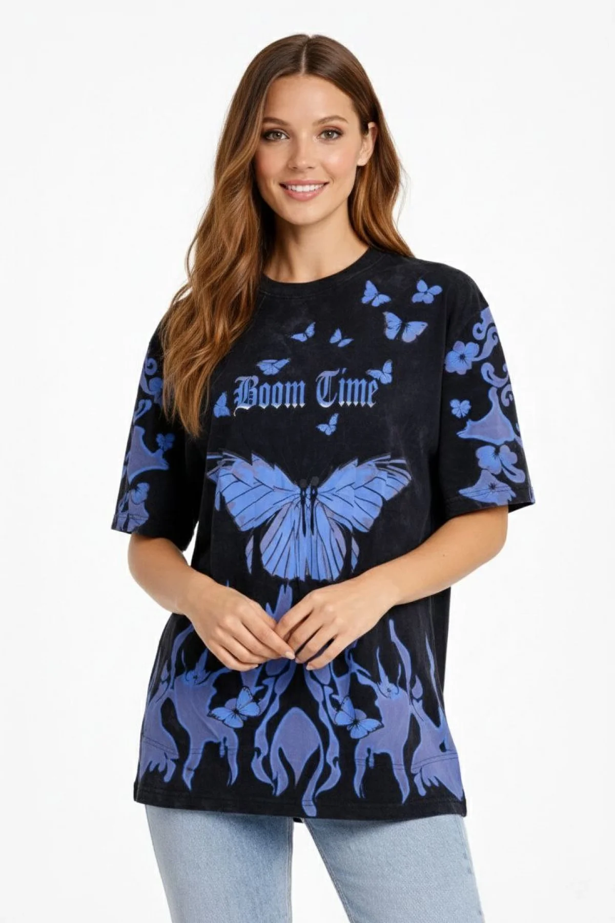 Kadın Asit Yıkamalı Oversize Tişört Mavi Kelebek Baskılı Dijital Print Bisiklet - Siyah
